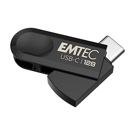 Schwarzer Emtec USB-C Stick mit 128 GB Speicherplatz auf weißem Hintergrund.