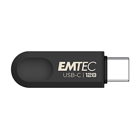 Schwarzer Emtec USB-C Stick mit 128 GB Kapazität vor weißem Hintergrund.