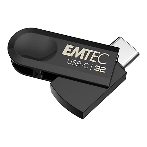 Schwarzer Emtec USB-C Stick mit 32GB Speicher und schwenkbarem Gehäuse vor weißem Hintergrund.