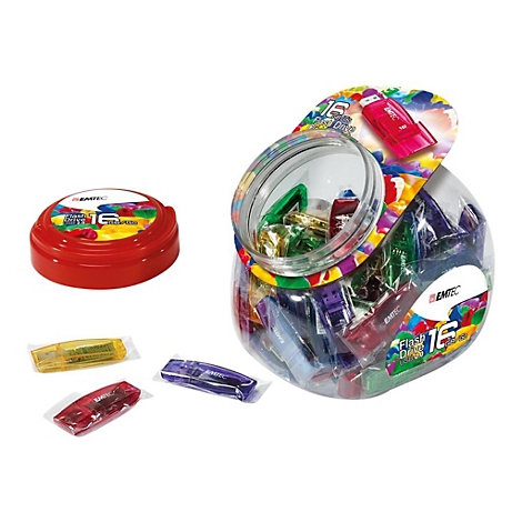 Ein durchsichtiges Glas mit farbigen 16 GB Emtec USB-Sticks und rotem Deckel.