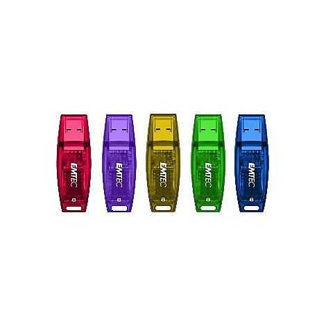 Fünf farbige, halbtransparente EMTEC USB-Sticks nebeneinander auf weißem Hintergrund.
