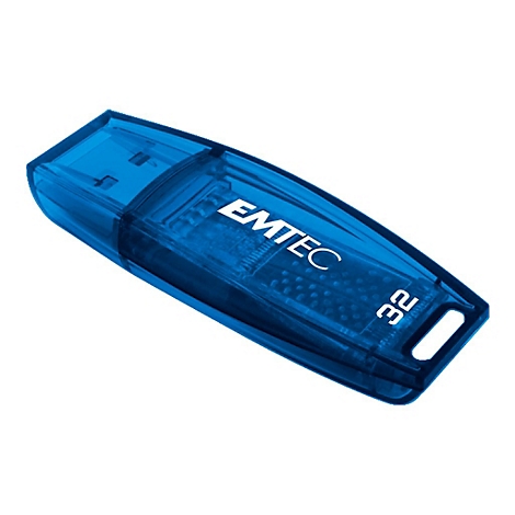 Ein blauer, transparenter Emtec USB-Stick mit 32 Gigabyte Speicherplatz vor weißem Hintergrund.