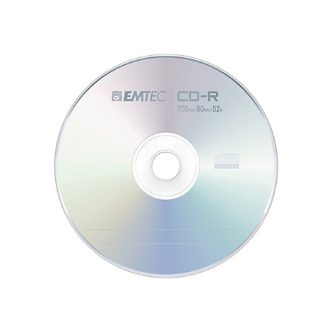 Nahaufnahme einer CD-R mit der Aufschrift EMTEC und weiteren Angaben.