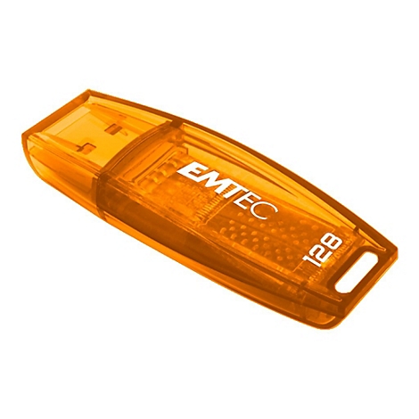 Transparenter, orangefarbener EMTEC USB-Stick mit 128 GB Kapazität vor weißem Hintergrund.