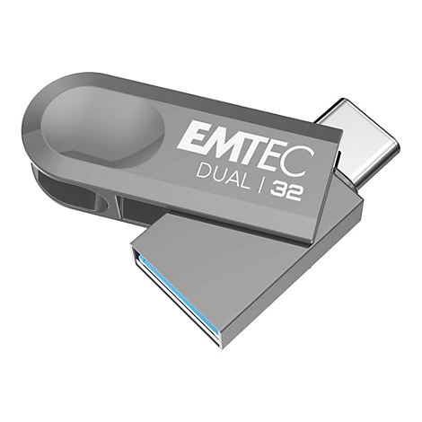 Grauer Emtec Dual USB-Stick mit 32GB vor weißem Hintergrund.