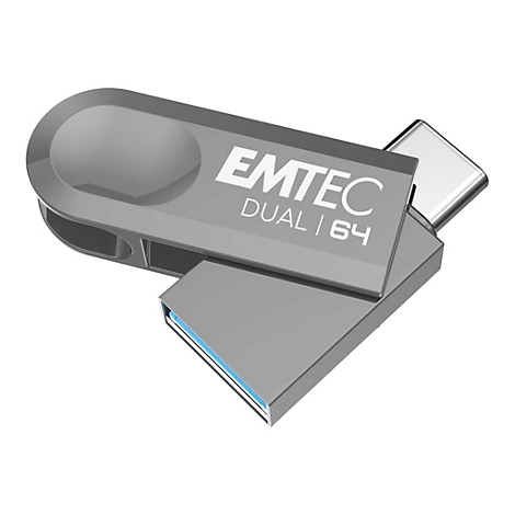 Grauer Emtec Dual 64 GB USB-Stick mit USB-A und USB-C Anschlüssen vor weißem Hintergrund.