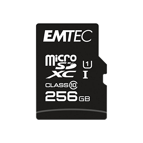 Schwarze Emtec MicroSDXC Speicherkarte mit 256 GB Kapazität, Class 10 und UHS-I Zertifizierung.