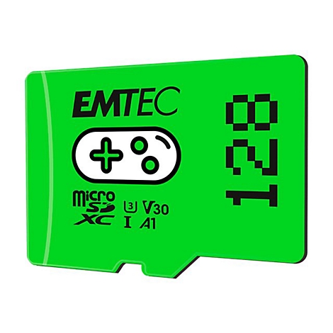 Grüne Emtec 128 GB MicroSD-Speicherkarte für Gaming mit Controller-Symbol.