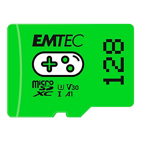 Grüne Emtec 128 GB Micro-SD-Karte mit Gaming-Controller-Symbol auf weißem Hintergrund.
