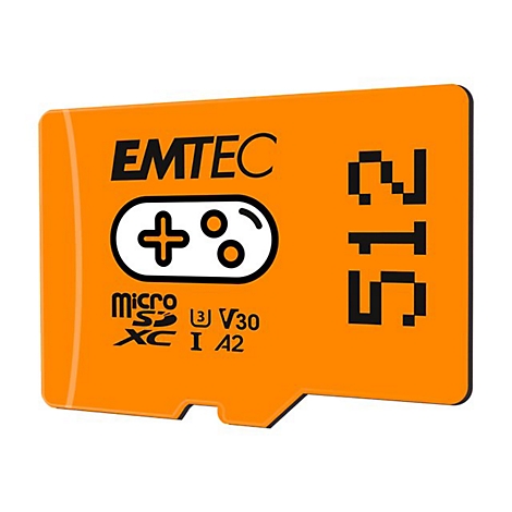 Orangefarbene Micro-SD-Karte mit schwarzem Schriftzug: EMTEC, 512, Logo mit Spielecontroller, Micro SDXC, V30, I A2.