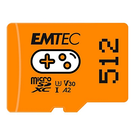 Orangefarbene MicroSD-Karte mit EMTEC-Logo, Controller-Symbol und 512 GB-Aufdruck.