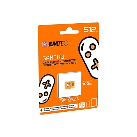 Orangefarbene Verpackung mit einer microSDXC-Speicherkarte. Aufgedruckt sind Schriftzüge wie 'GAMING' und '512 GB/Go'.