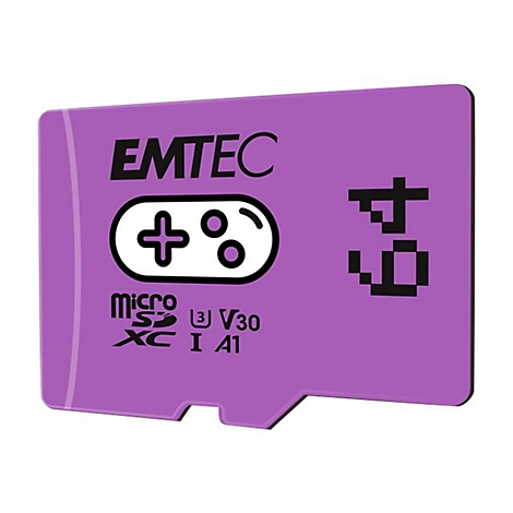 Lila Emtec microSD-Speicherkarte mit 64 GB Kapazität und einem Gamecontroller-Symbol auf der Vorderseite.