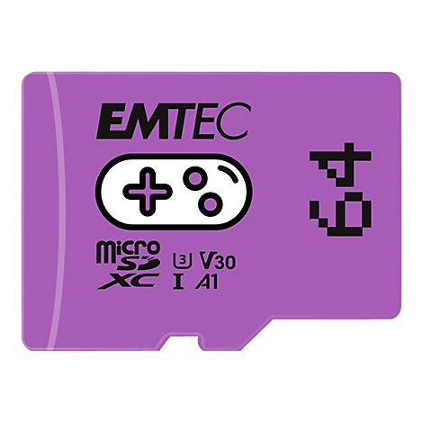 Lila Emtec microSD-Karte mit 64GB Speicherplatz und Gaming-Controller-Grafik auf weißem Hintergrund.