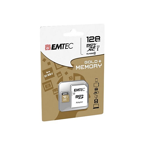 Emtec 128 GB MicroSD-Karte mit SD-Adapter in gold-weißer Blisterverpackung auf weißem Hintergrund.