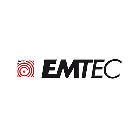 Emtec Firmenlogo mit rotem quadratischen Spiralsymbol und schwarzem Schriftzug vor weißem Hintergrund.