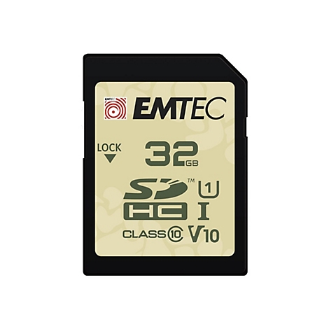 Emtec SDHC Speicherkarte mit 32 GB Kapazität, Class 10 und V10 Zertifizierung, in Tarnfarben-Optik.