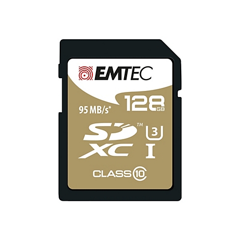 Emtec SDXC Speicherkarte mit 128 GB Kapazität und 95 MB/s Geschwindigkeit.