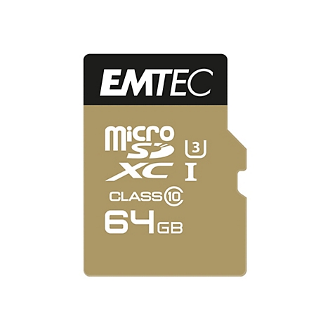 Goldene Emtec MicroSDXC-Speicherkarte mit 64 GB Kapazität, Class 10 und UHS-I Klassifizierung.