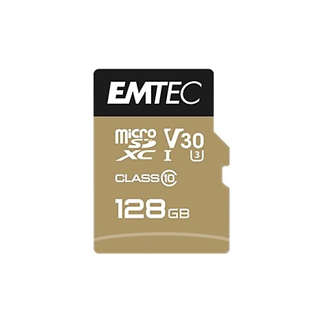 Goldene Emtec Micro SD Karte mit 128 GB Speicherplatz auf weißem Hintergrund.