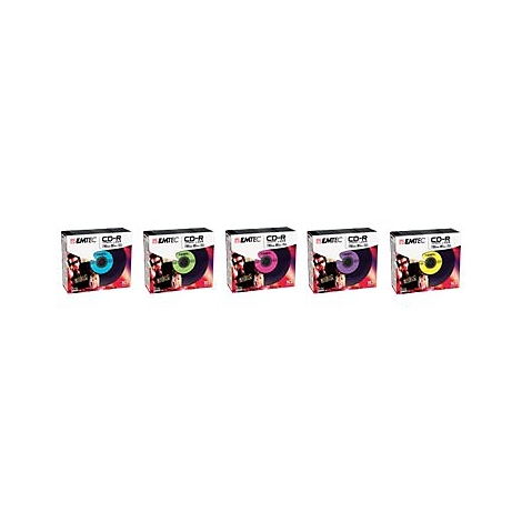 Fünf CD-R-Pakete in verschiedenen Farben, blau, grün, pink, lila und gelb, auf weißem Hintergrund.