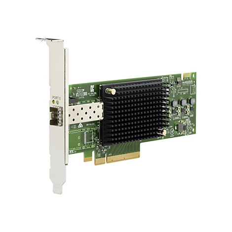Grüne PCIe-Netzwerkkarte mit schwarzem Kühlkörper und einem Port, isoliert auf weißem Hintergrund.