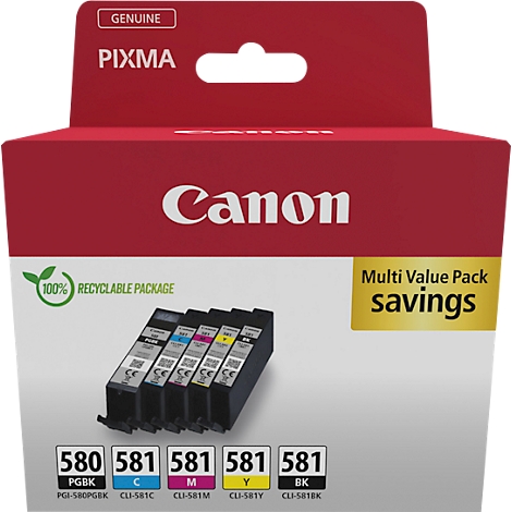 Boîte rouge de cartouches d'encre Canon. Textes imprimés : PIXMA, Genuine, 100 % recyclable, Multi Value Pack Savings. Cartouches : 580 PGBK, 581 C, M, Y, BK.
