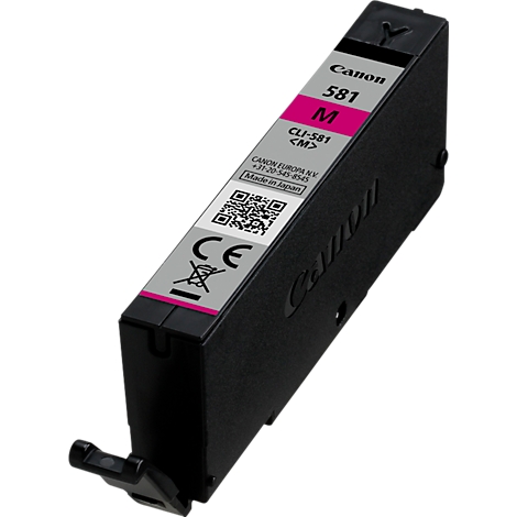 Une cartouche d'encre noire Canon avec une impression rose. L'impression montre les mots Canon, 581 M et CLI-581.