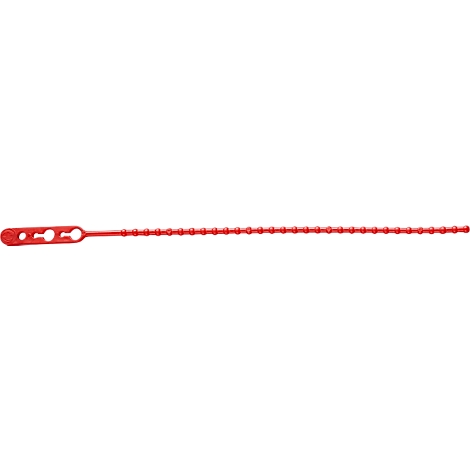 Tornillo rojo y oblongo con múltiples agujeros pequeños y roscas.