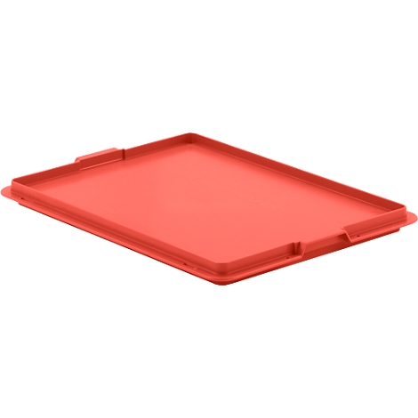 Red, rectangular lid. A recess on each short side.