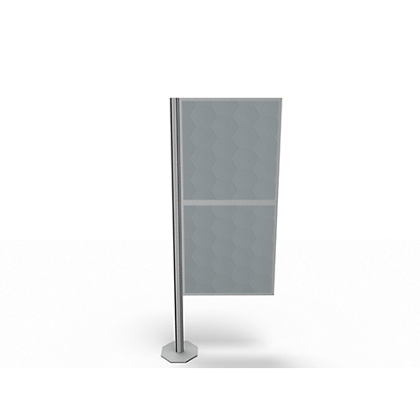 Grey, freestanding advertising board with hexagonal base. On a white background. The board is divided into two areas.