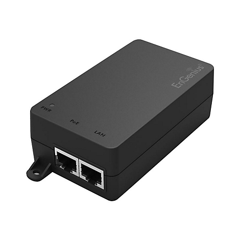 Schwarzer EnGenius PoE-Adapter, mit Anschlüssen für Strom, PoE und LAN. Das EnGenius Logo ist sichtbar.