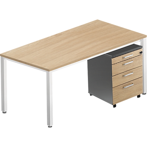 Un bureau clair avec un plateau en bois, une structure blanche et un caisson mobile gris avec tiroirs.