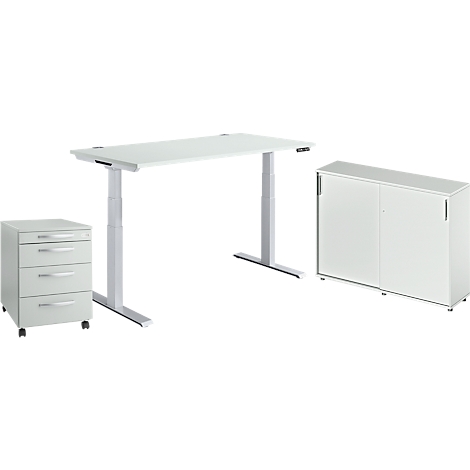 Bureau en trois pièces en blanc. Il se compose d'un bureau réglable en hauteur, d'un caisson mobile et d'une armoire.