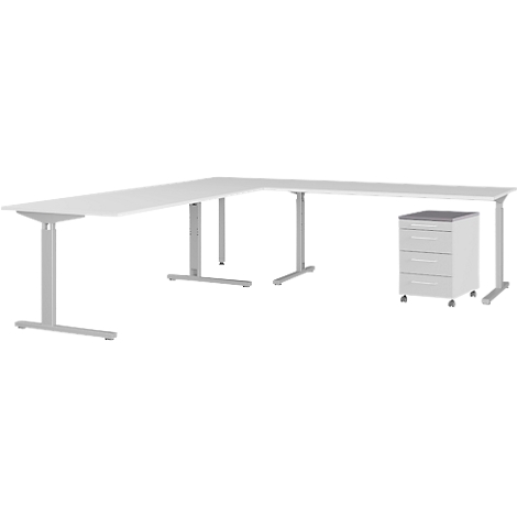 Un bureau d'angle blanc avec cadre gris, à côté d'un caisson mobile.