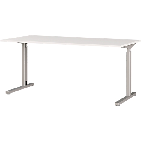 Un bureau blanc et rectangulaire sur des pieds argentés réglables en hauteur, devant un fond blanc.