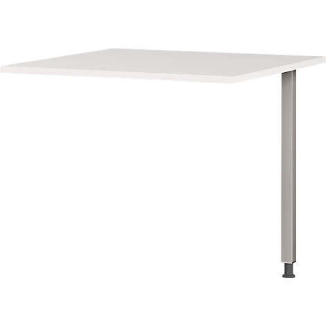 Pupitre blanc avec pied gris sur fond blanc. Le plateau est carré et repose sur un seul pied rectangulaire.