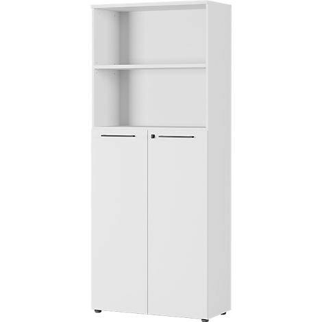 Armoire de bureau blanche avec deux portes et deux étagères ouvertes.