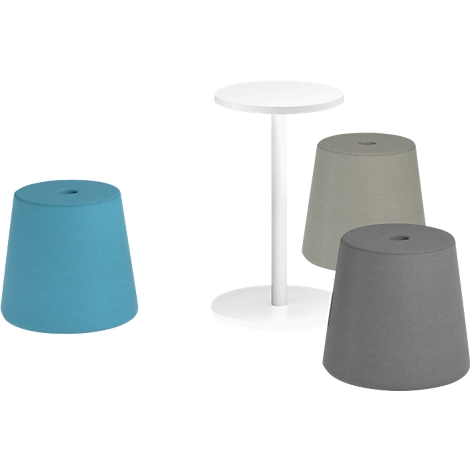 Différents sièges en bleu, gris et beige, ainsi qu'une table haute blanche.