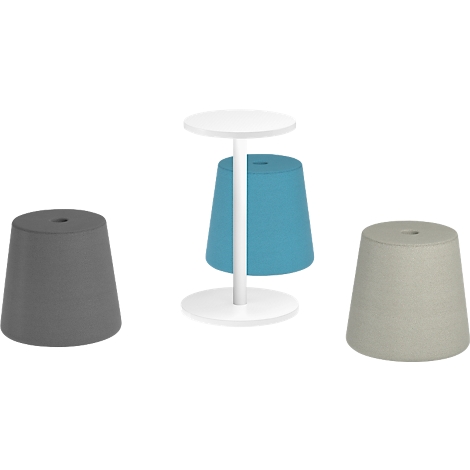 Tabourets gris, turquoise et beiges, plus une table blanche avec un tabouret turquoise.