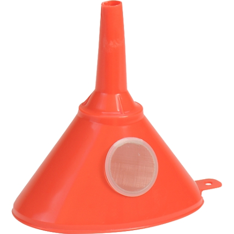 Un entonnoir orange avec une passoire à mailles fines. L'entonnoir a une forme conique et une ouverture cylindrique.