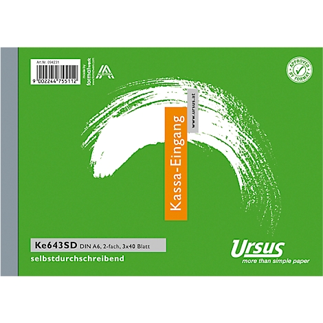 Cahier vert avec lettrage orange "Kassa-Eingang", détails : numéro d'article, nom, "Ursus - more than simple paper".