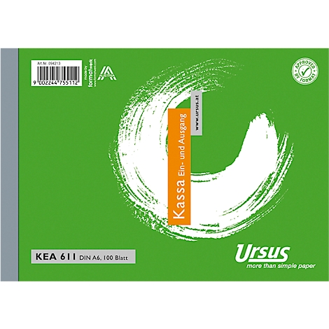 Cahier Ursus vert avec impression. Rectangle orange avec "Kassa Ein- und Ausgang". En dessous "Ursus" et logo.
