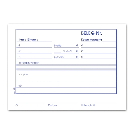 Un formulaire blanc avec un cadre bleu et du texte. En haut, il est écrit "BELEG Nr." et "Kassa-Eingang". Zones pour les montants et les signatures.