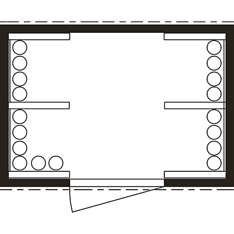 Vue de dessus d'une pièce avec des étagères remplies d'objets ronds, probablement des bouteilles ou des récipients.