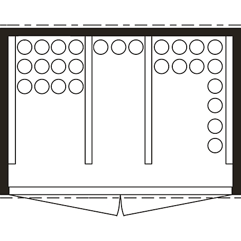 Vue de dessus d'un dessin de cave à vin avec des étagères. Les renfoncements ronds sont destinés aux bouteilles.