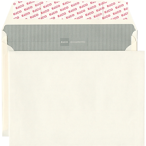 Envelope and a card. The envelope is partially open, showing a gray lining with lettering. The card is white.