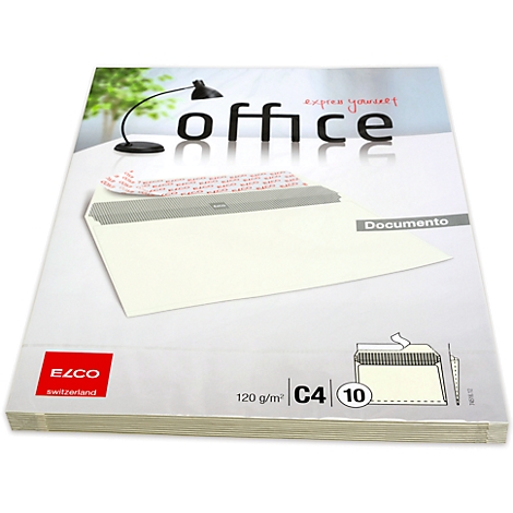 Stack of cream-colored envelopes, on a white table. The inscription "office" is recognizable. One envelope says "Documento".