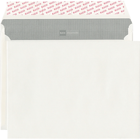 A white envelope is open. The top part is gray striped and printed with red text.