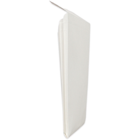 A white, rectangular paper package leaning at an angle. The top of the package is slightly open.